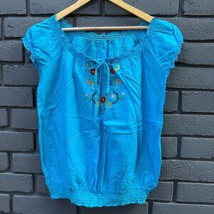 Embroidered Floral Lace Bow Puff Sleeves Blouse M Elastic Waist Blue Top Cottage